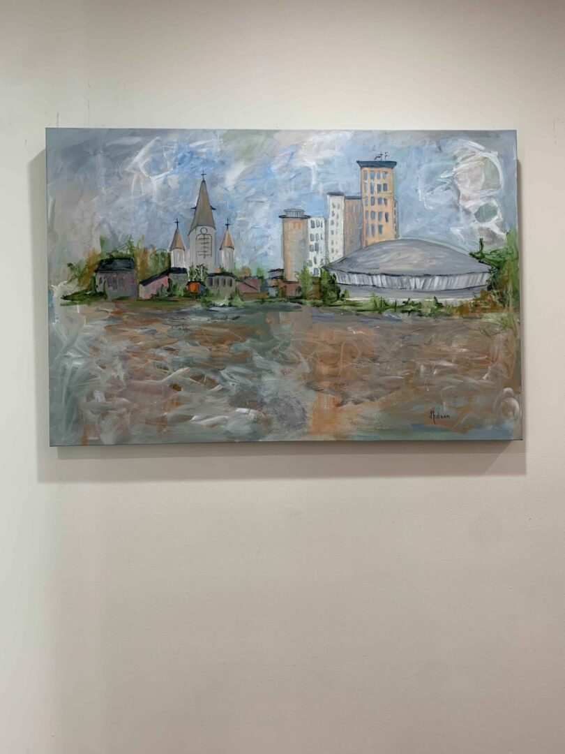 A painting of a city with buildings and trees