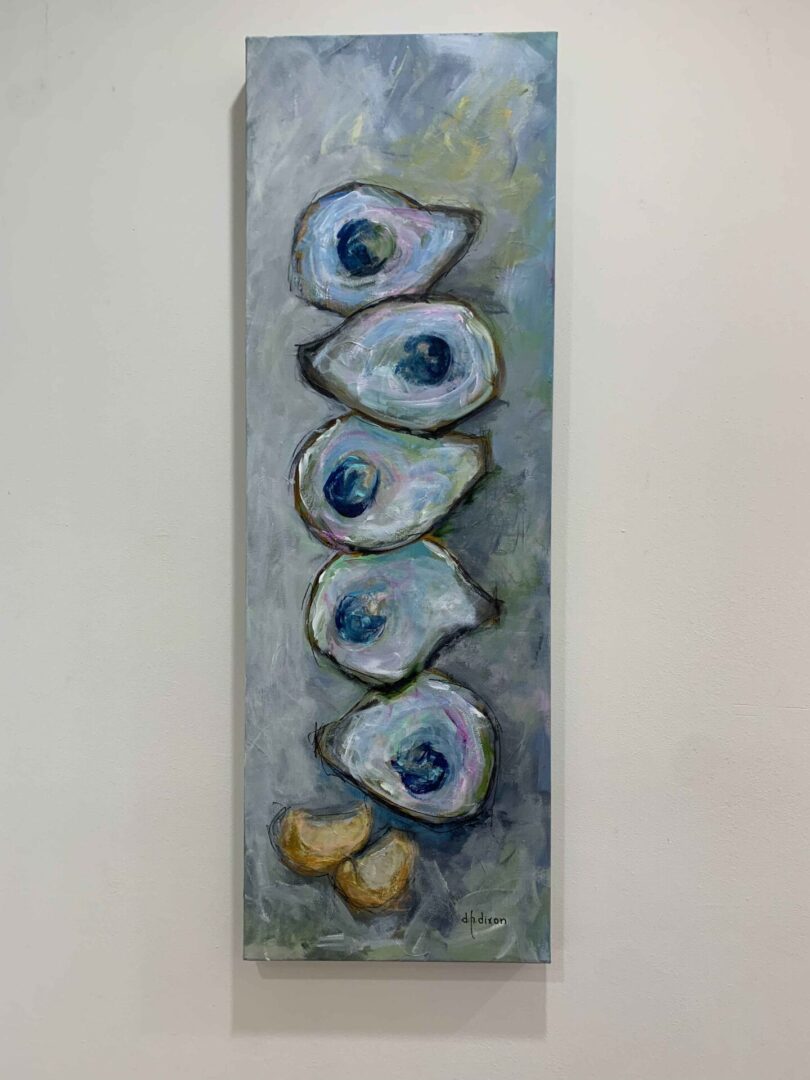 A painting of five oysters and one lemon.