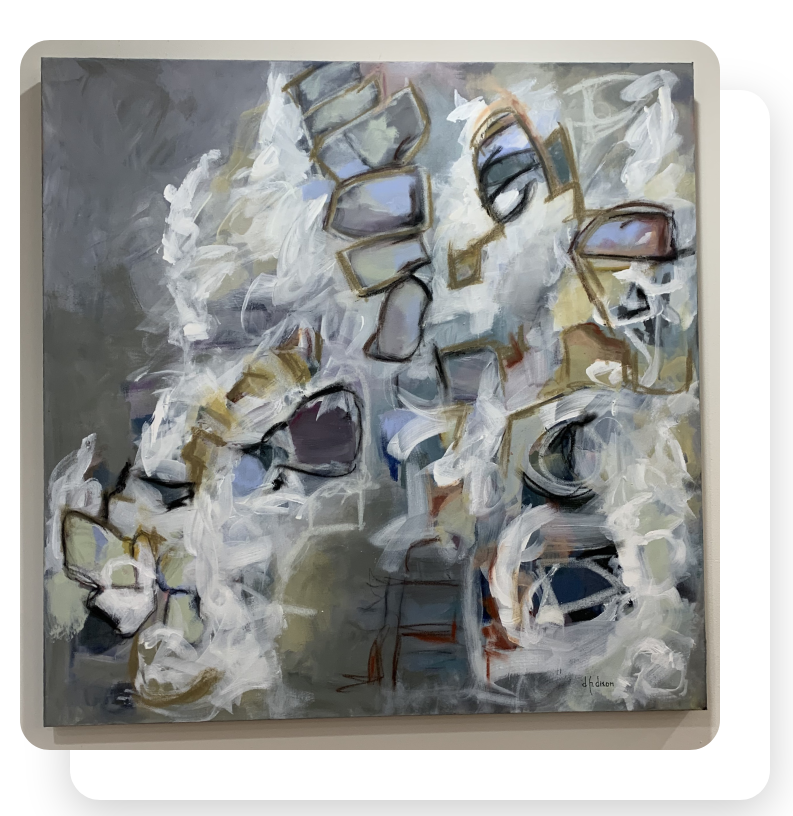 A painting of an abstract scene with white and gray colors.