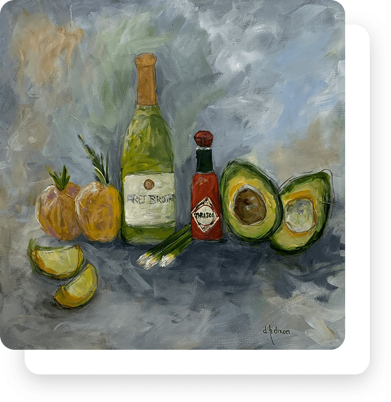 A painting of an avocado, tomato and wine.